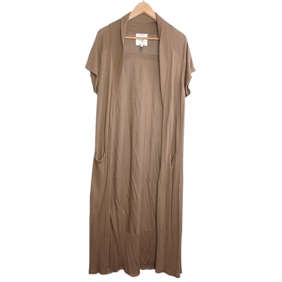 Qi Cashmere Blend 90’s Style Short Sleeve Knit Long Cardigan - Picture 1 of 14